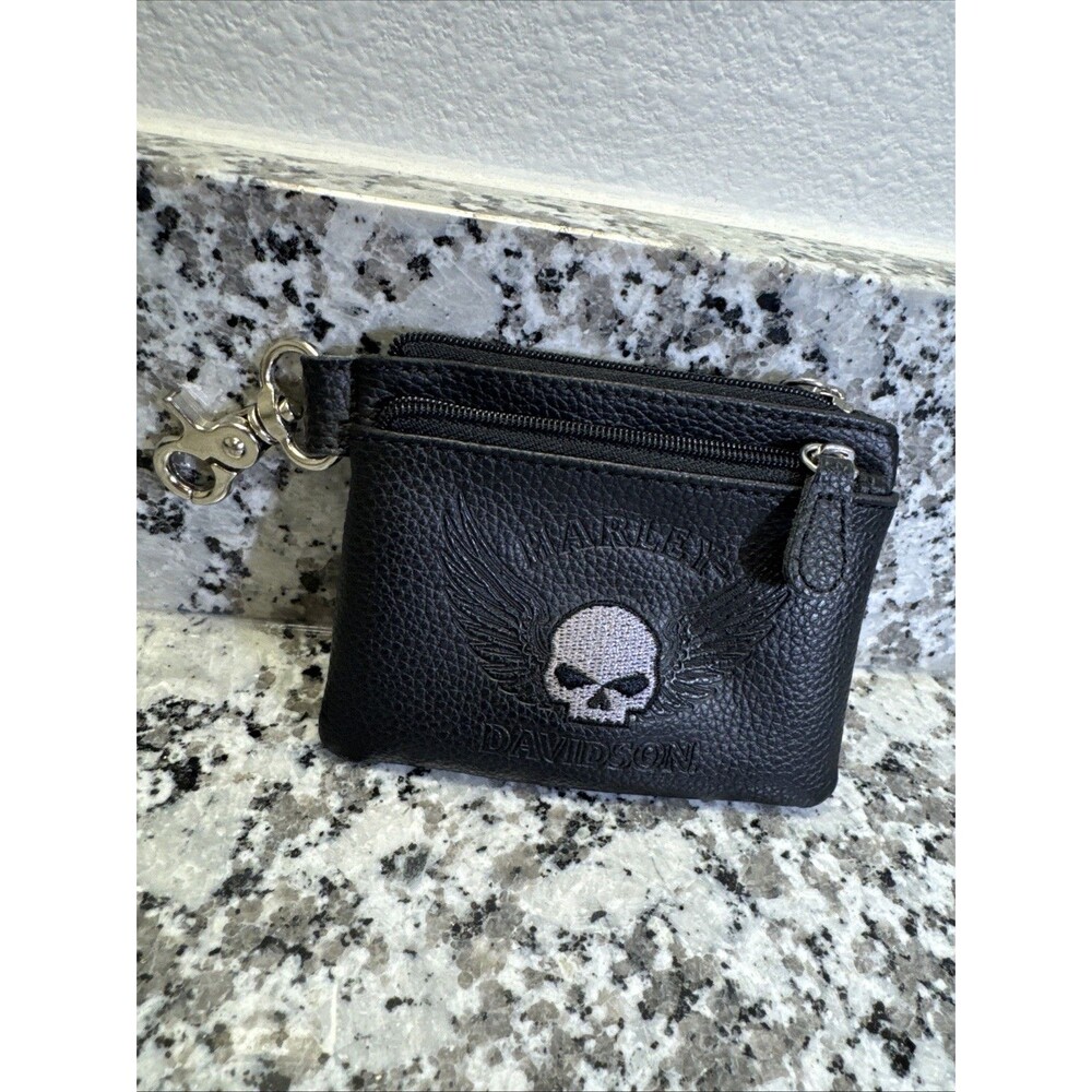Harley-Davidson Coin/Card Holder with Zipper Key Ring Motorcycle Skull Theme